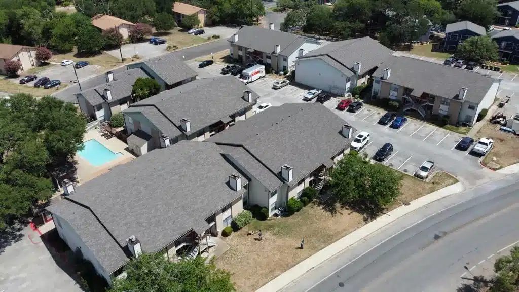 Aerial of an apartment complex roof, commercial roofing St Louis multi-family work