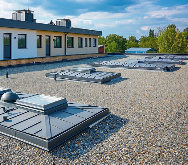 Built-up gravel roof and skylights on a commercial roofing St Louis building