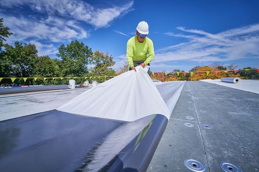 Roofer welding a membrane seam on a commercial roofing St Louis job