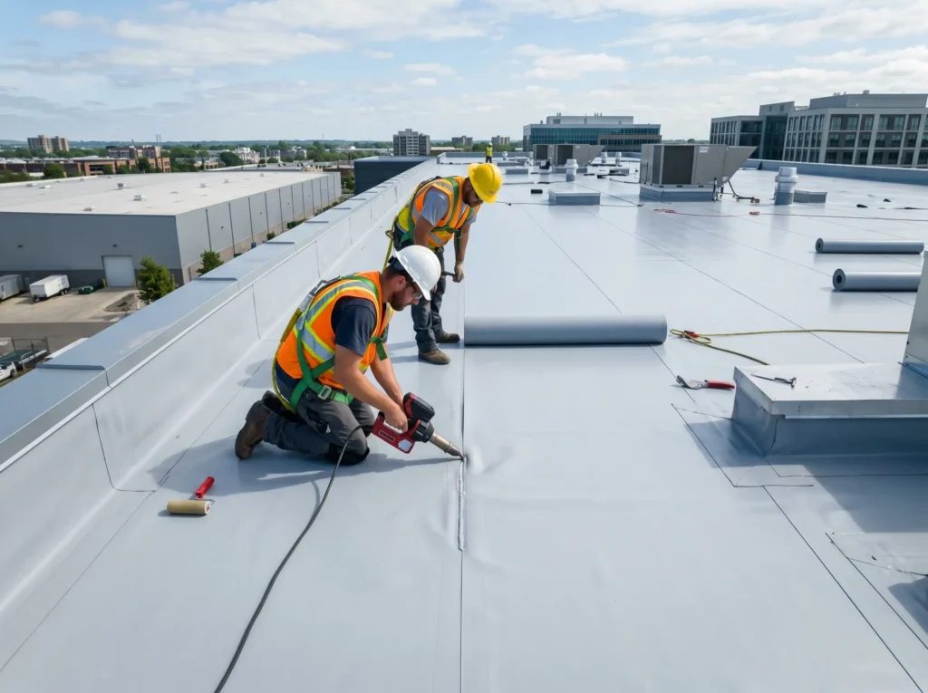 Two roofers installing PVC membrane, commercial roofing St Louis flat roof work